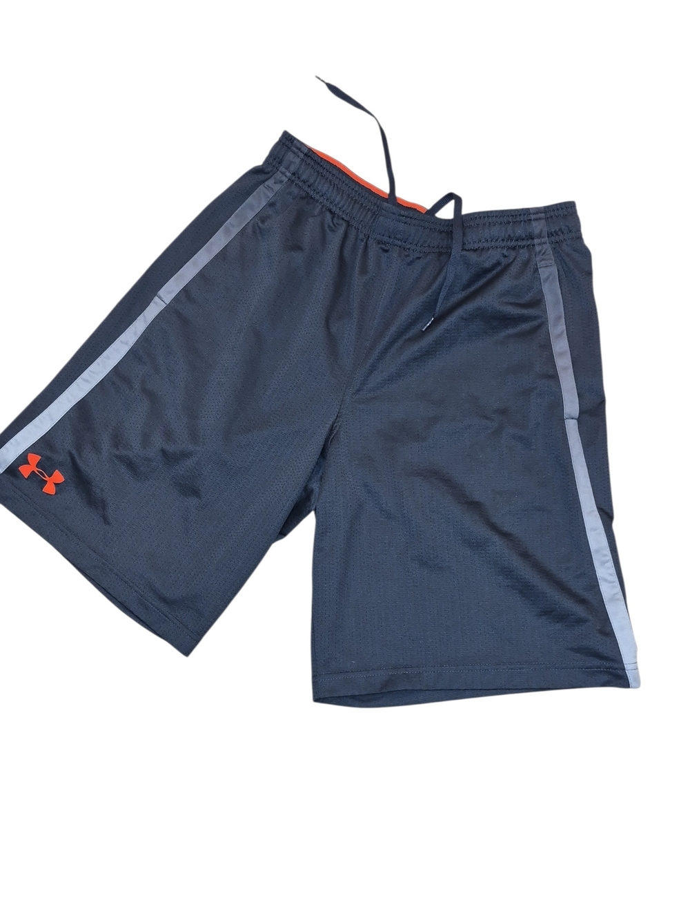 Under Armour Men’s Heat Gear Athletic Shorts with Gray Stripes and Orange Logo
